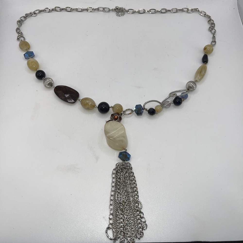 Silver Tone Tassel‎ Blue Cream Necklace